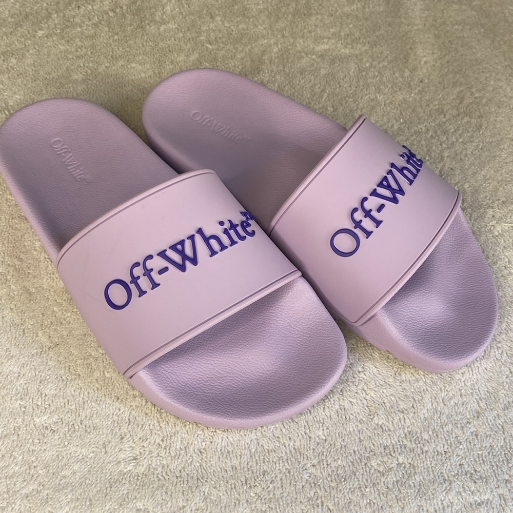 NEW & SOLD OUT OFF-WHITE Bookish Logo Slide Sandals in Lavender (EU 37 / US 7) - Picture 4 of 7